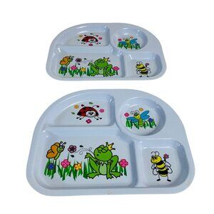 Toddler Set Of 2 Childrens Melamine Dinner Plates 4 Compartment Frog Bugs VTG